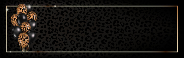 Vector wide web banner with 3d realistic leopard and black balloons in golden frame on animal background. Long template for celebration, Invitation, card, gift, voucher, festive backdrop, social media