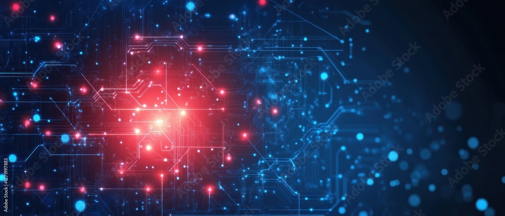 Aufkleber futuristic circuit board with glowing red and blue lights, representing technology, innovation, and 