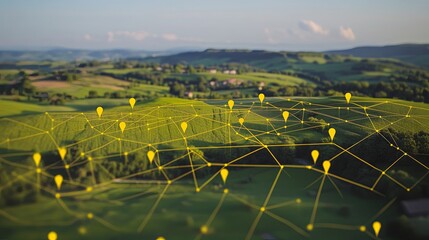 Network connection concept over green landscape with yellow nodes in a rural setting