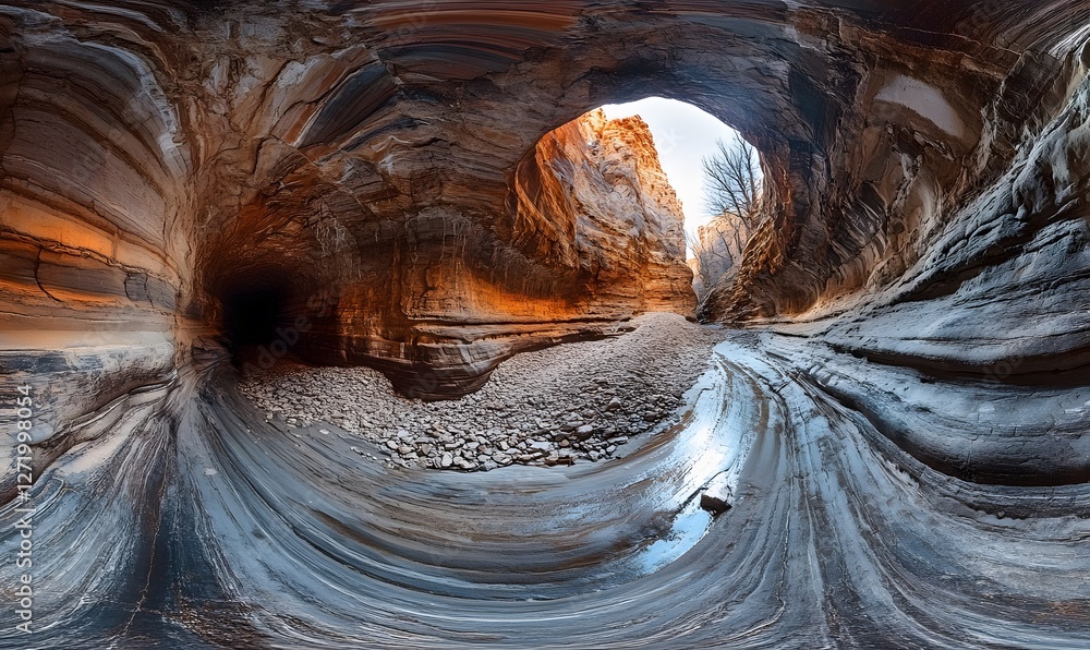 Poster panoramic view of a canyon with rock formations and a small stream flowing through it