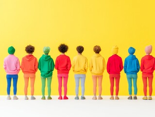Obraz premium Vibrant group of diverse people standing against bright yellow wall wearing colorful outfits symbolizing unity diversity and individuality in contemporary urban lifestyle