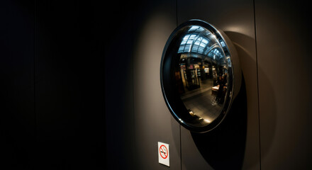 Reflective round mirror mounted on a dark wall in a modern interior space