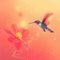 Fototapeta premium Hummingbird hovers gracefully near a vibrant orange cosmos flower