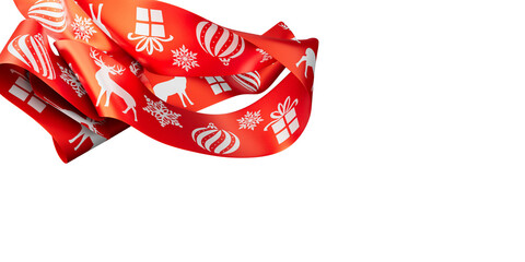 Obraz premium entangled Red Christmas Ribbon with White Festive Icons on transparent Background, Close-Up 