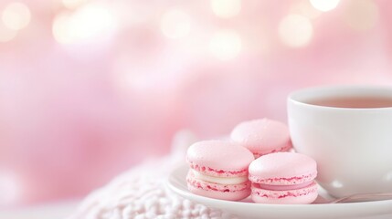 Sweet Delights: A captivating display of pastel-colored macarons and a cup of tea in a close-up shot, evoking a sense of cozy comfort and sweet indulgence.