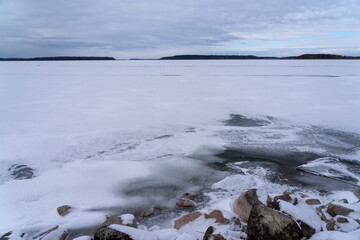 Lake Seksty in winter. Landscape of Masuria in Poland, Karwik village in the Pisz area.