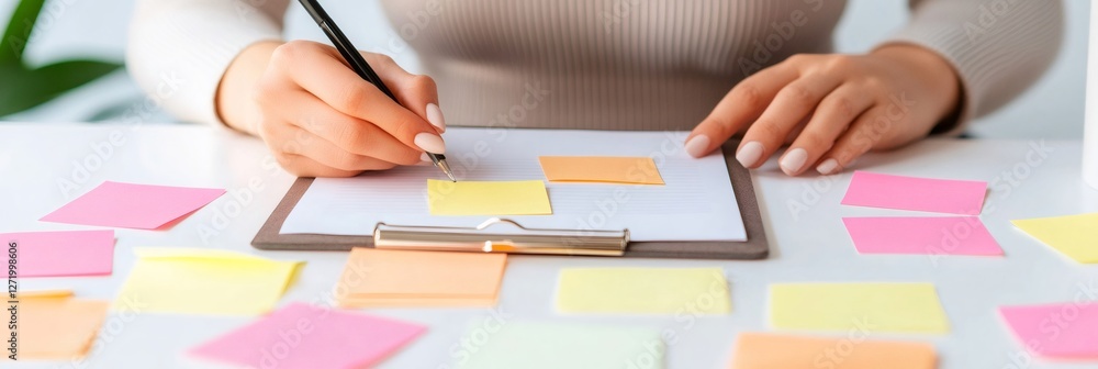 Poster Person organizing tasks using colorful sticky notes on a clipboard, symbolizing multitasking and time management under pressure. The scene conveys a sense of work related stress and deadlines