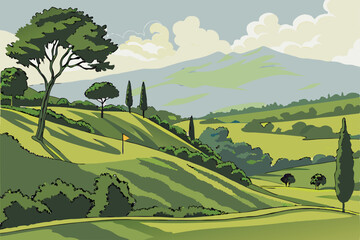  Lush green rolling hills, Manicured topiary trees, Golden evening sunlight, Distant majestic mountains, Fluffy white clouds, Clear blue sky, Perfectly trimmed grass, Curving landscape lines, Serene