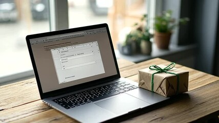 A laptop resting on a wooden surface, displaying an order summary screen with a gift box wrapped in eco-friendly materials sitting elegantly beside it