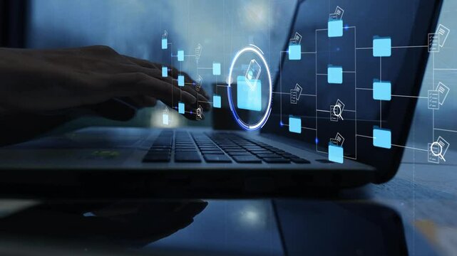 futuristic holographic interface file folder structure documents and data scanning, digital document storage software, cloud computing database, and manage documents, paperless office,