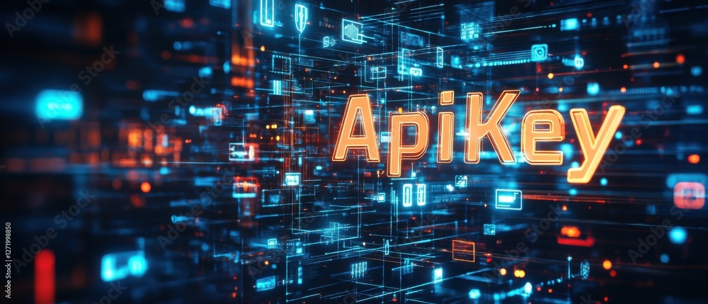 Aufkleber api key cybersecurity concept with glowing orange text and digital lines, symbolizing access, data, 