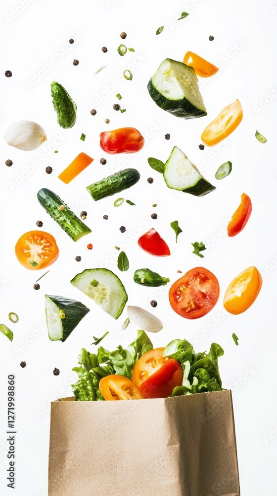 Aufkleber a delightful array of colorful vegetables leaps from a rustic paper bag, showcasing the essence of f