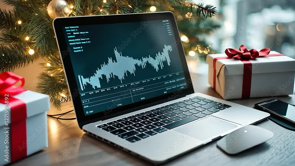 Poster a detailed image of a laptop with analytic graphs related to dropshipping, a gift box resting near a