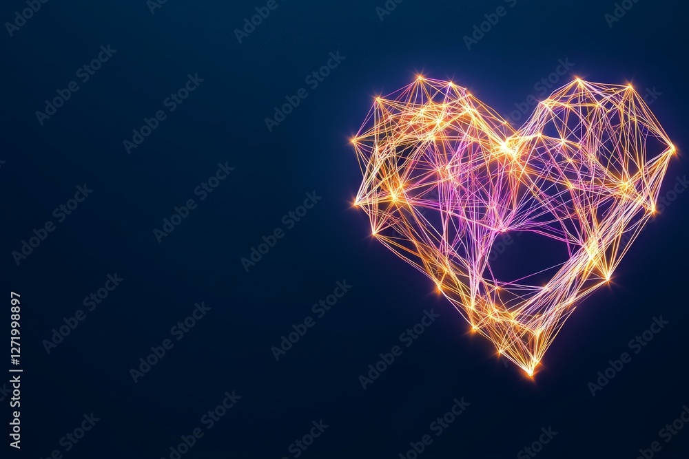 Poster futuristic glowing heart shape made of interconnected neon light lines against dark background symbo