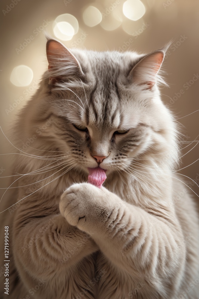 Poster fluffy white cat grooming itself in a cozy setting with soft bokeh lights in the background