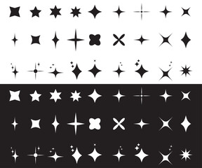 Retro star silhouette set with twinkle particles and rays