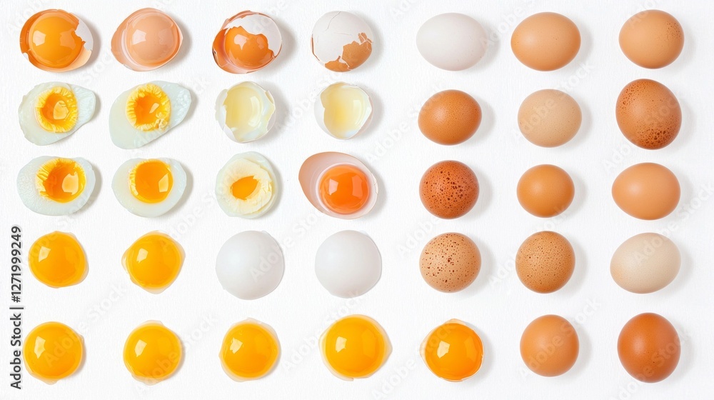 Poster an artistic display showcases a diverse array of eggs, each featuring vibrant yolks in various shade