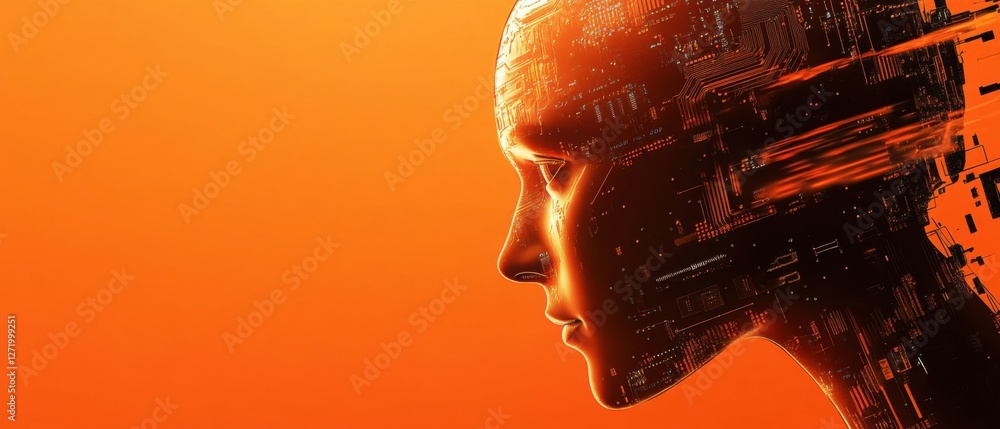 Poster futuristic android head with glowing circuitry on an orange background artificial intelligence, cybo