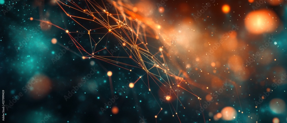 Poster abstract futuristic network connection technology background with glowing orange and teal lights, di