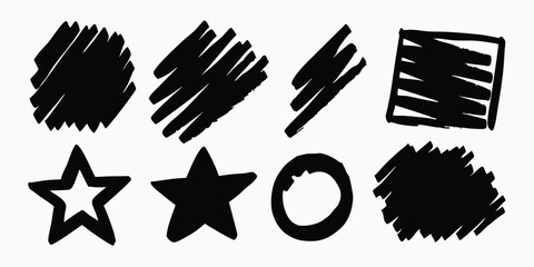 Hand-drawn vector black marker lines, scratches, scribbles, grungy highlighter underlines, rough punk market stroke collection, expressive textured marks, set of black grunge blots, daubs, and dabs.