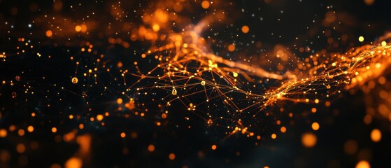 Abstract orange network connection with glowing particles and data transfer Futuristic technology background with plexus lines and dots Concepts of big data, cybersecurity, and innovation
