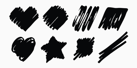 Hand-drawn vector black marker lines, scratches, scribbles, grungy highlighter underlines, rough punk market stroke collection, expressive textured marks, set of black grunge blots, daubs, and dabs.