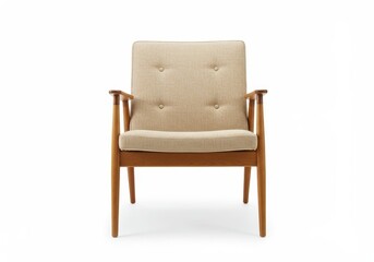 Obraz premium A mid-century modern wooden chair with beige upholstered seat and backrest isolated on a white background