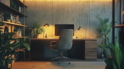 Fototapeta premium Modern home office with desk, chair, plants, and bookshelves.