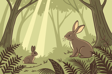  Fantasy forest scene, family of rabbits, lush green jungle, magical sunbeams, photorealistic painting, soft lighting, ferns and foliage, cute animal portrait, mystical atmosphere, digital art, deta