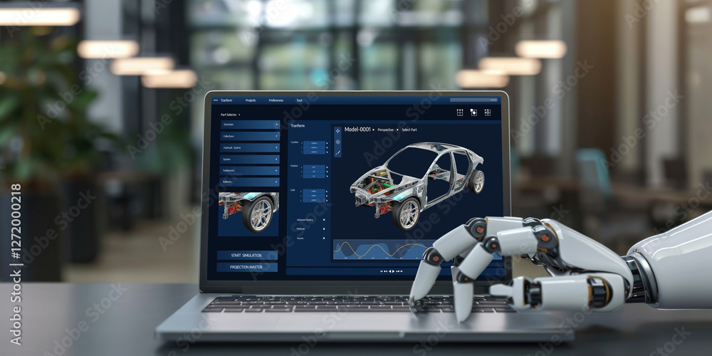 Poster electric car design software on computer screen showing simulation blueprint brisk by digital calcul