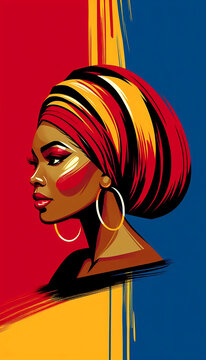 <Vibrant Afrocentric Art Portrait of a Confident African Woman with Headscarf and Earrings - Celebrate Cultural Beauty and Heritage>