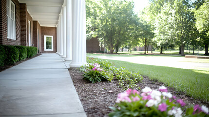 Obraz premium Porch, building, landscaped grounds, summer day, campus