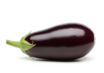 A glossy deep purple eggplant with a fresh green stem isolated on a white background