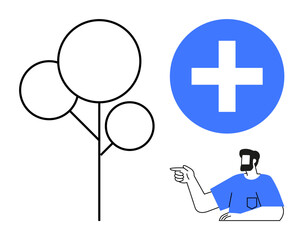 Black outline of tree with three circular leaves, a blue plus sign, and a person pointing. Ideal for healthcare, growth, guidance, positivity, environment, nature and human interaction themes