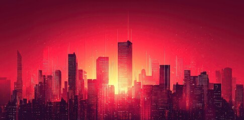 Red cityscape silhouette displays modern architecture under a sunset glow