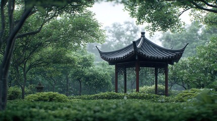 Obraz premium Rainy Day in a Tranquil Chinese Garden