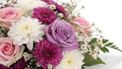 Beautiful Assorted Flowers Collection – Pink, White, and Purple Floral Varieties Including Roses, Daisies, and Chrysanthemums on a Clean White Background