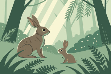  Fantasy forest scene, family of rabbits, lush green jungle, magical sunbeams, photorealistic painting, soft lighting, ferns and foliage, cute animal portrait, mystical atmosphere, digital art, deta