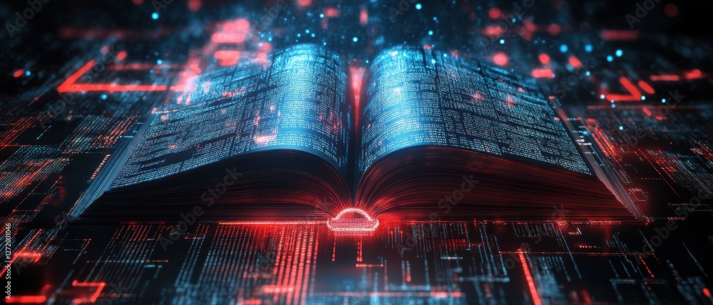 Poster open digital book with glowing pages of code on a futuristic circuit board background concept of dig