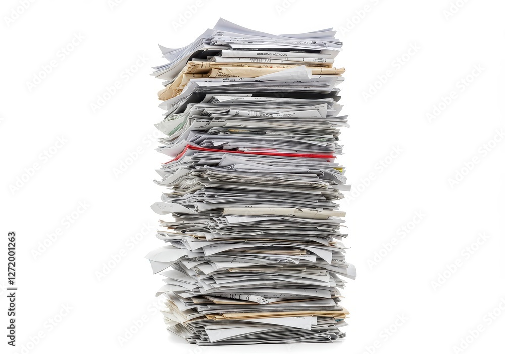 Poster a tall stack of various papers and files in disorganized piles isolated on a white background