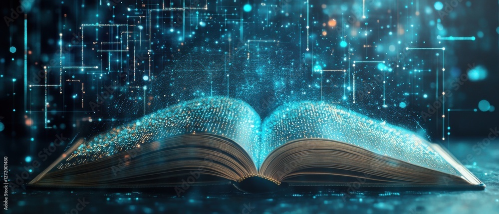 Poster open book with glowing pages and digital network connection on dark background concept of knowledge,