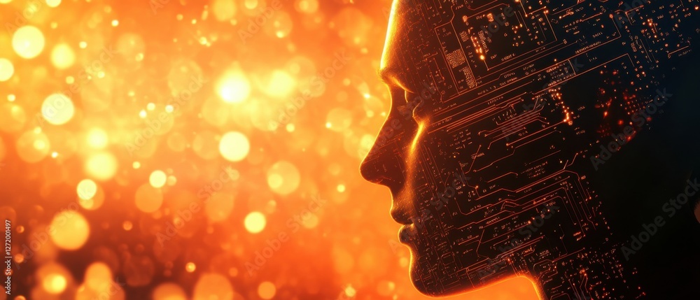 Aufkleber profile of a person with a circuit board superimposed on their face against a glowing orange bokeh b