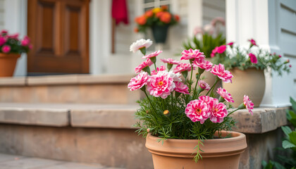 Garden carnations in a flowerpot on the steps of the house, leisure activity and calm lifestyle concept, simple style. with white shades
