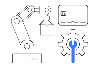 Obraz premium Robotic arm holding a box, a gear with a wrench inside, and a credit card. Ideal for automation, robotics, tech industry, manufacturing, payment systems engineering innovation. Line metaphor