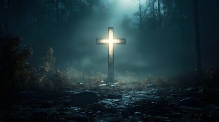 Naklejka premium Glowing White Cross in a Forest on a Dark Right