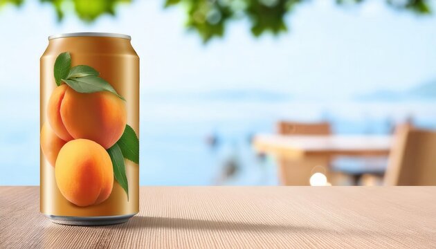 Tall can of oloong peach sits on a wooden table at a sunny cafe by the waterfront during a warm afternoon