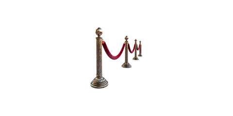 Vintage brass stanchions with red velvet rope isolated on transparent background