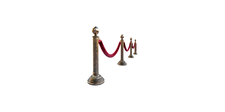Vintage brass stanchions with red velvet rope isolated on transparent background