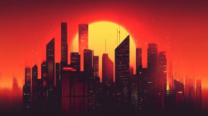 Dramatic cityscape silhouette against a bright sun or setting