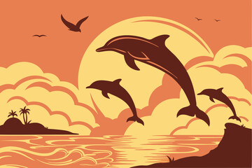  Silhouettes of dolphins jumping, golden sunset over ocean, vibrant orange sky, dramatic clouds, calm sea reflection, serene seascape, majestic marine life, nature photography, high contrast, backli